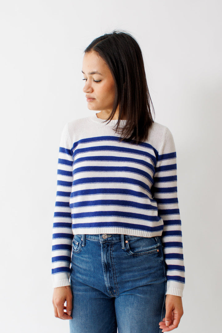 Amanda wearing Allude Cotton Cashmere Striped RD Crew Sweater front view