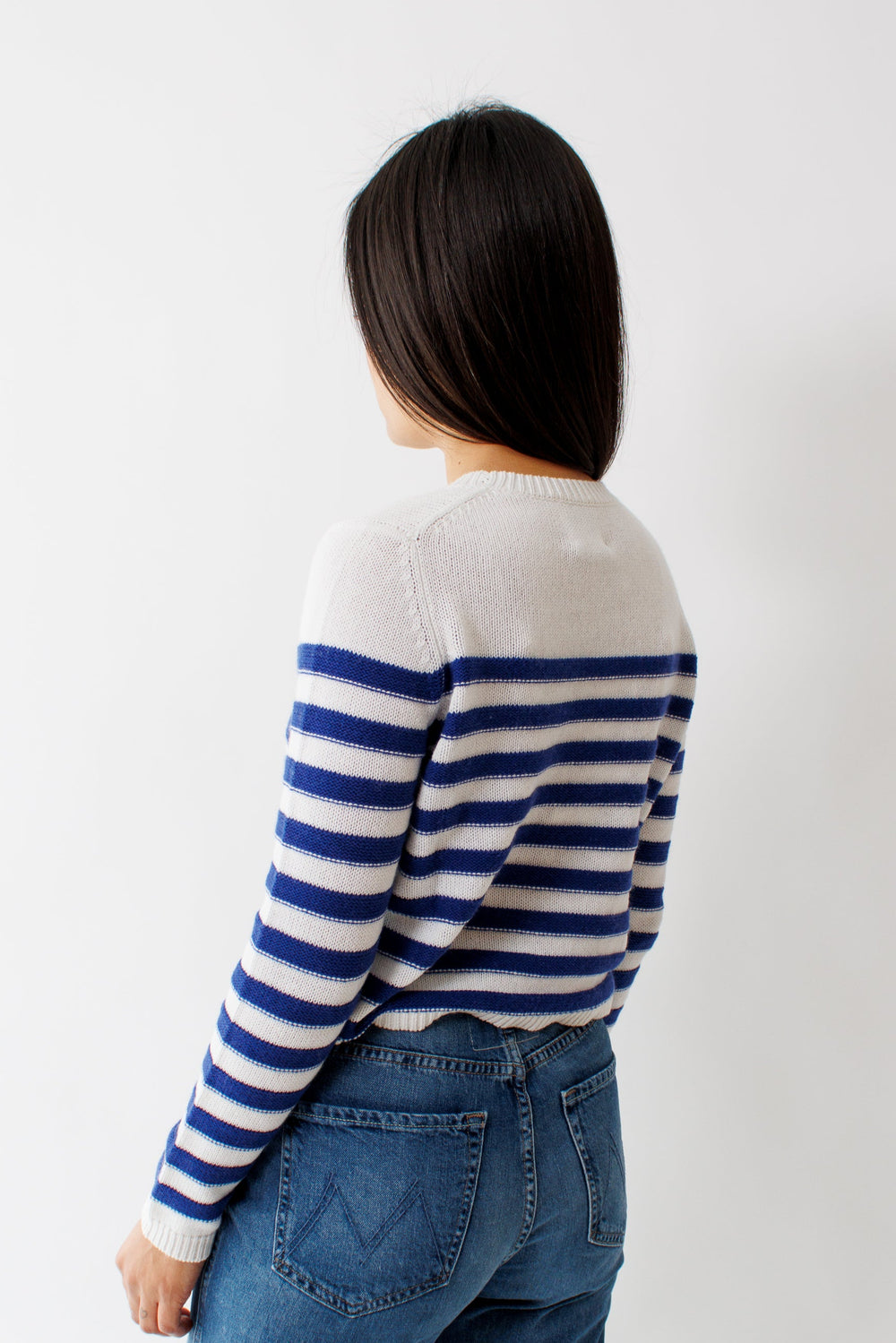 Amanda wearing Allude Cotton Cashmere Striped RD Crew Sweater rear view