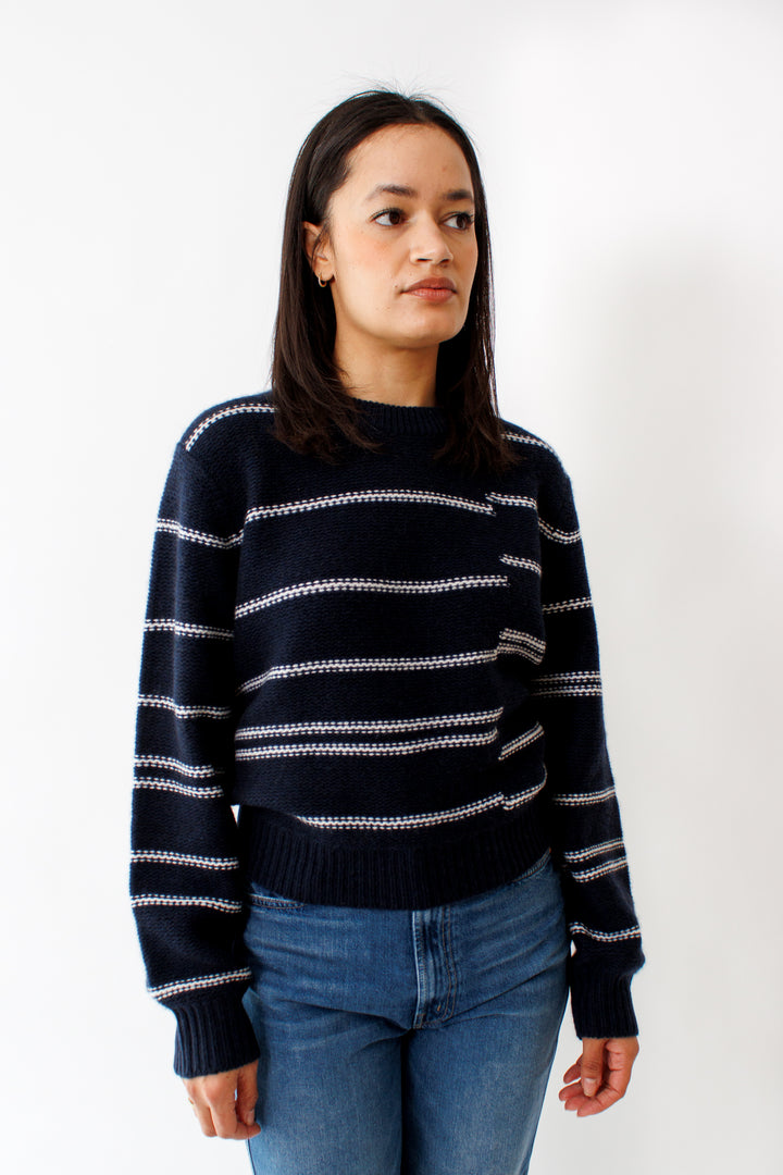 Amanda wearing White + Warren Cashmere Broken Stripe Crew front view