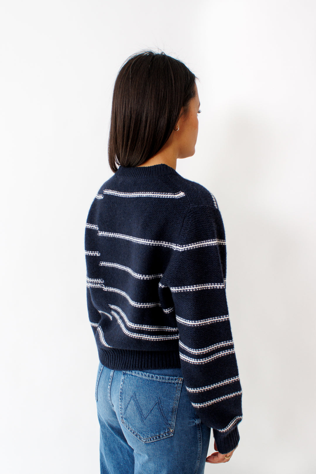 Amanda wearing White + Warren Cashmere Broken Stripe Crew rear view