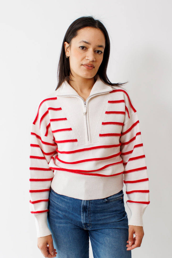 Amanda wearing Allude Cotton Cashmere Striped Troyer Sweater front view