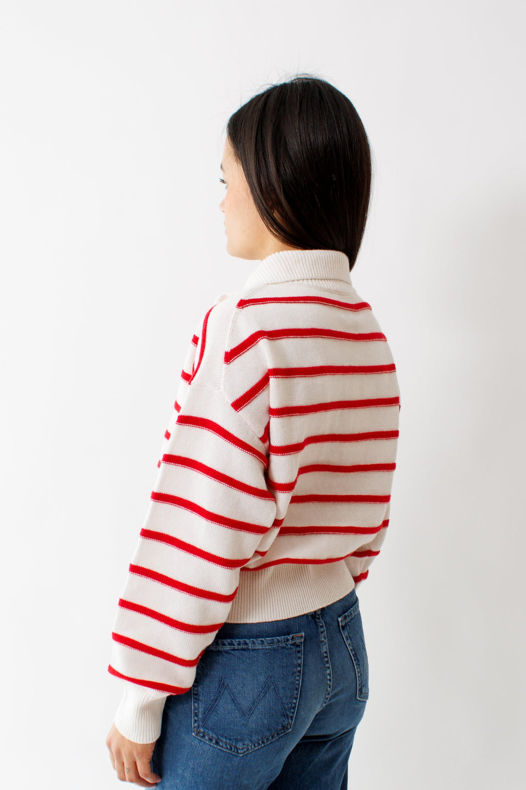 Amanda wearing Allude Cotton Cashmere Striped Troyer Sweater rear view