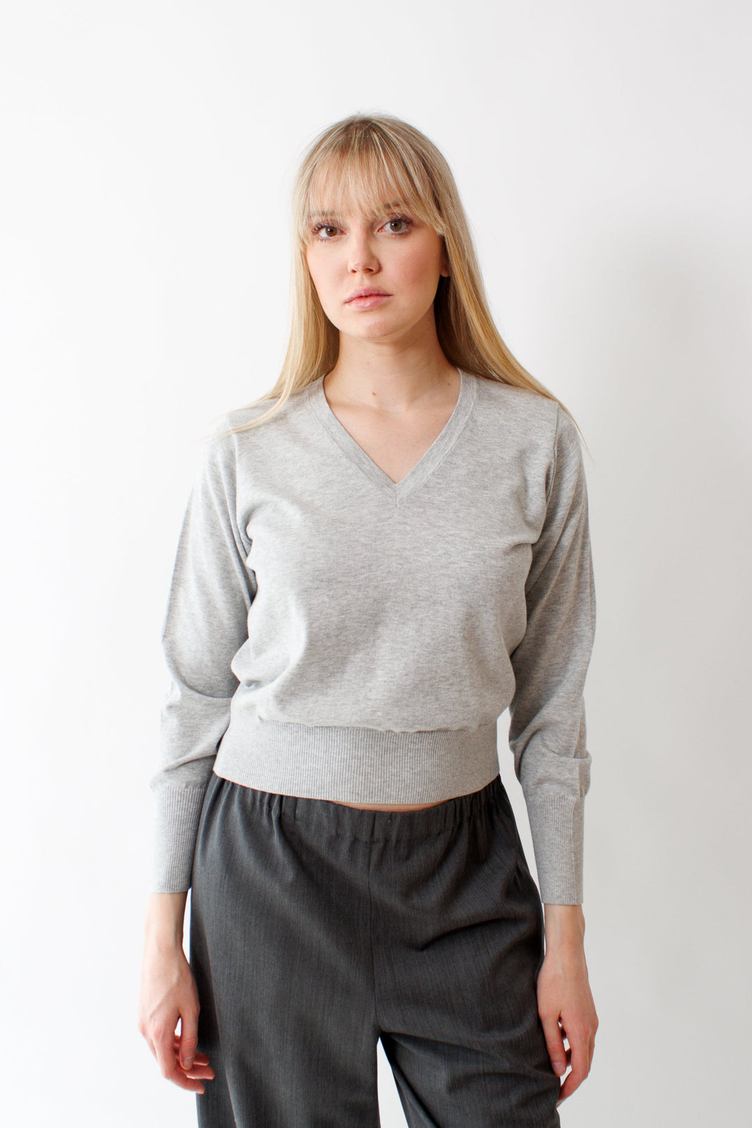 Bailey wearing Allude Cotton Silk Cashmere Double V Sweater front view