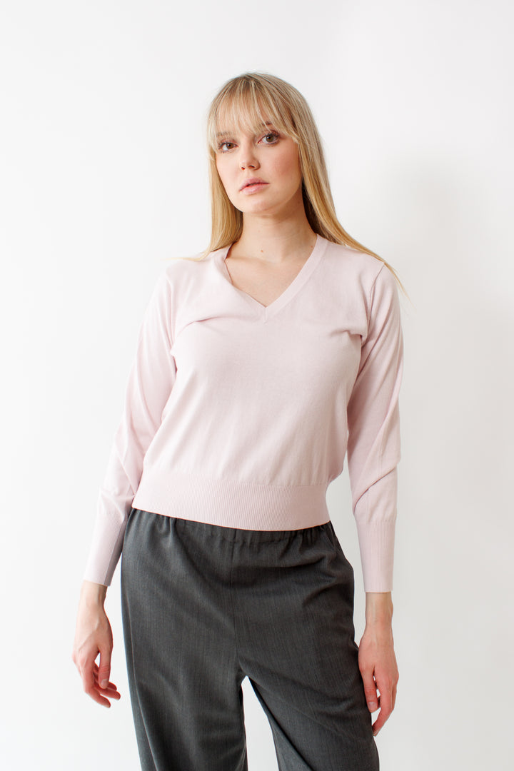 Bailey wearing Allude Cotton Silk Cashmere Double V Sweater front view 