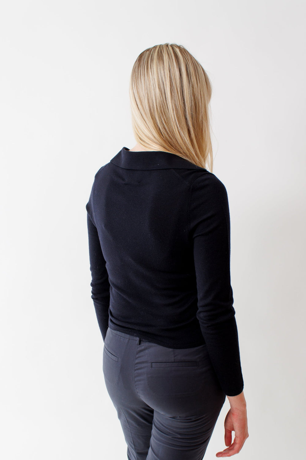 Bailey wearing Allude Lightweight Virgin Wool Collar Cardigan rear view