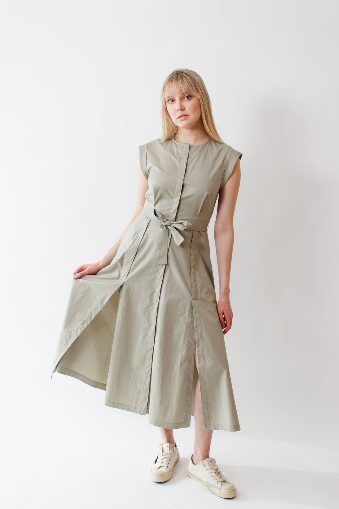 Bailey wearing Peserico Stretch Cotton Satin Sail Touch Long Dress front view