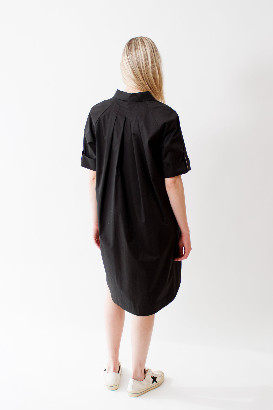 Bailey wearing Peserico Stretch Cotton Satin Sail Touch Dress rear view