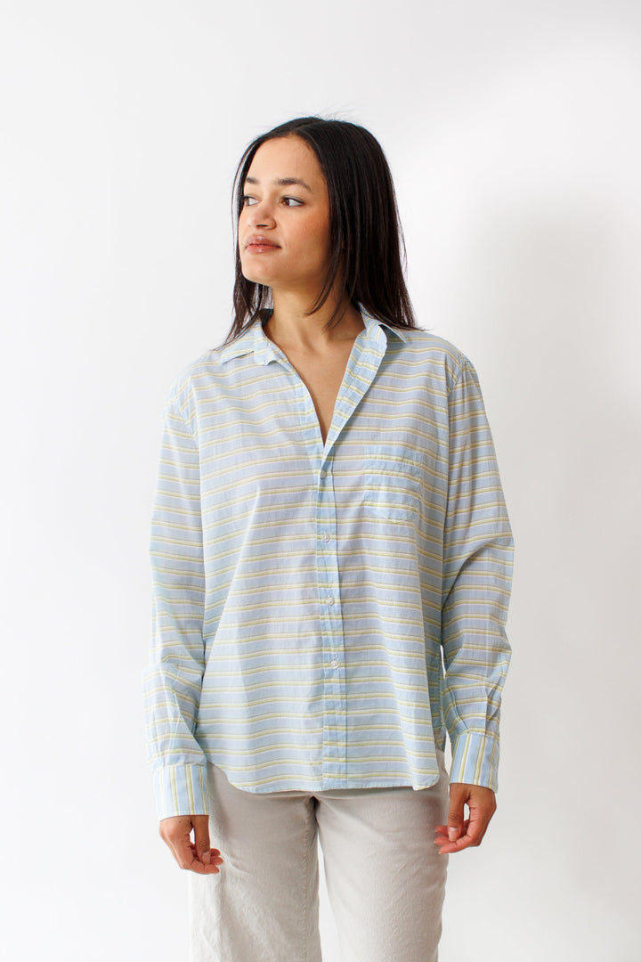 Amanda wearing Eileen Woven Button Up Blue Chartreuse Multi Stripe front view