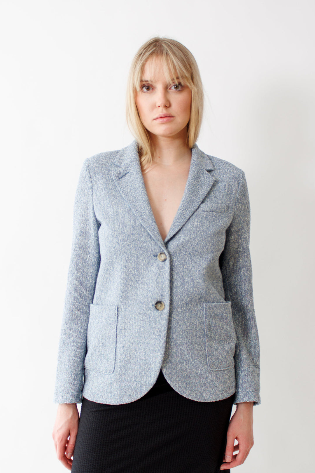 Bailey wearing Harris Wharf Stand Up Collar Bicolour Frise Blazer front view