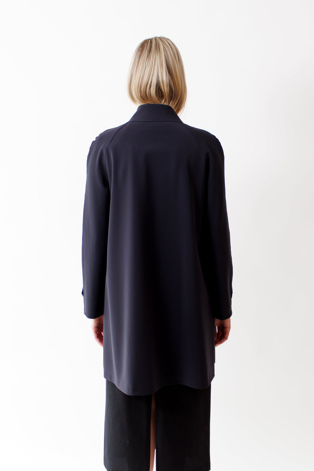 Bailey wearing Harris Wharf Mac Scuba Trench rear view 