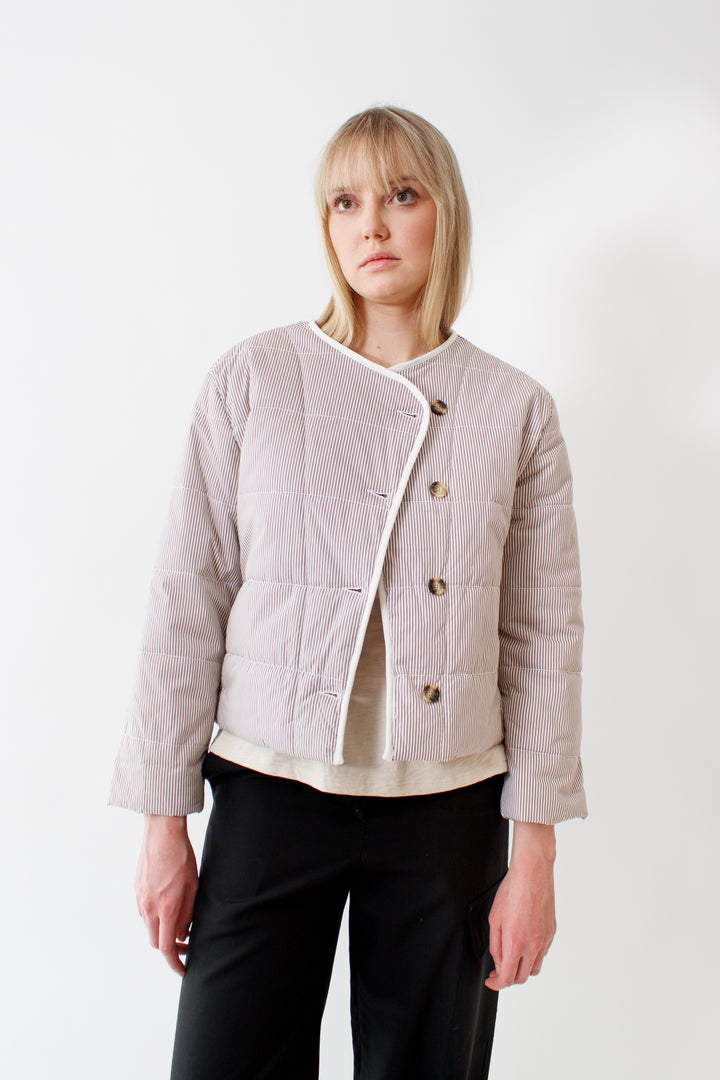 Bailey wearing Lilla P Striped Collarless Jacket front view