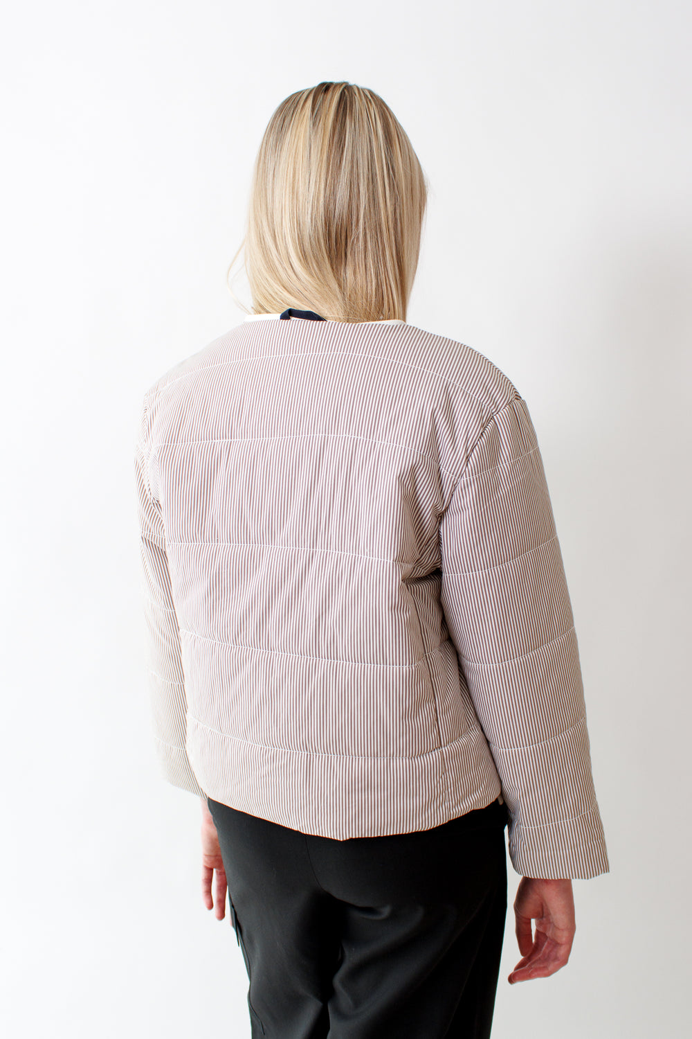 Bailey wearing Lilla P Striped Collarless Jacket rear view