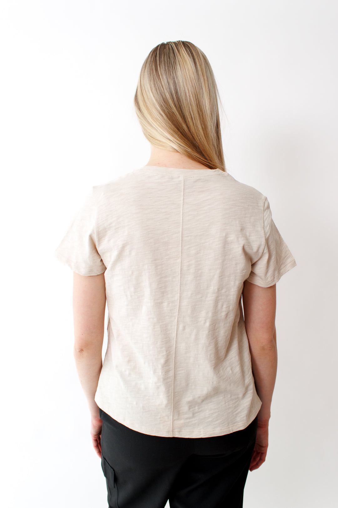 Bailey wearing Boyfriend Tee Stucco rear view