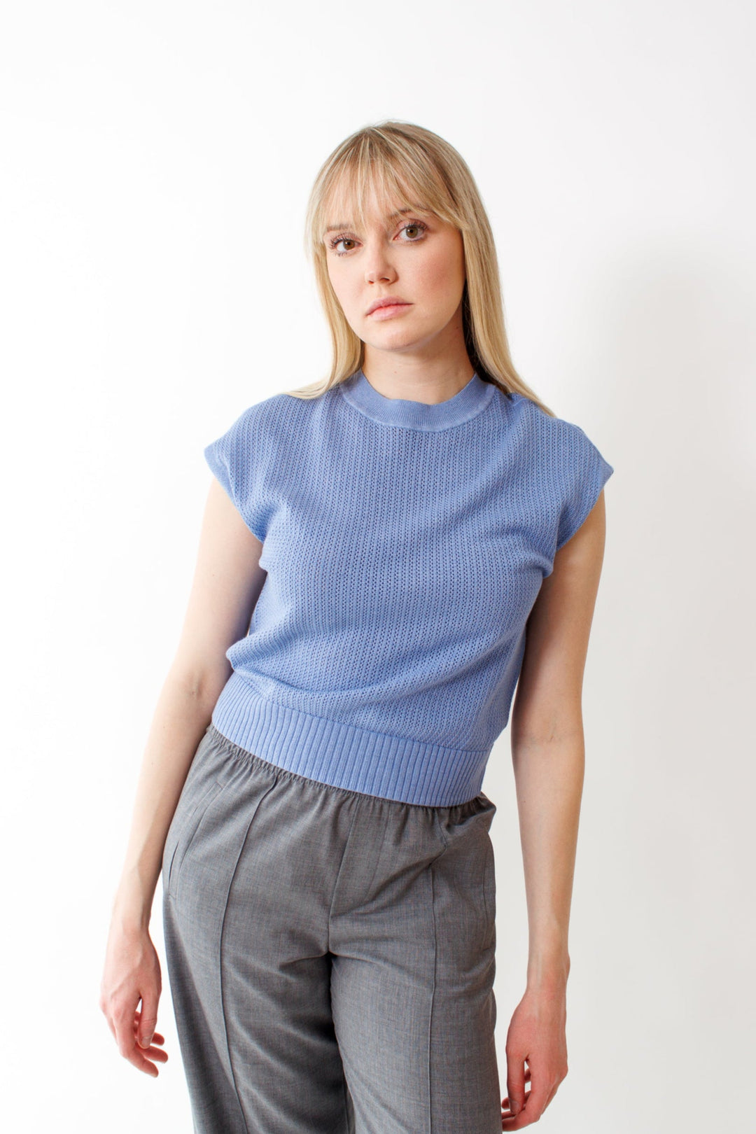 Bailey wearing Lilla P Short Sleeve Crewneck Sweater front view