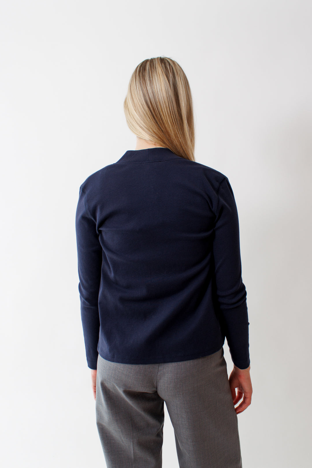 Bailey wearing Lilla P Classic Cardigan rear view