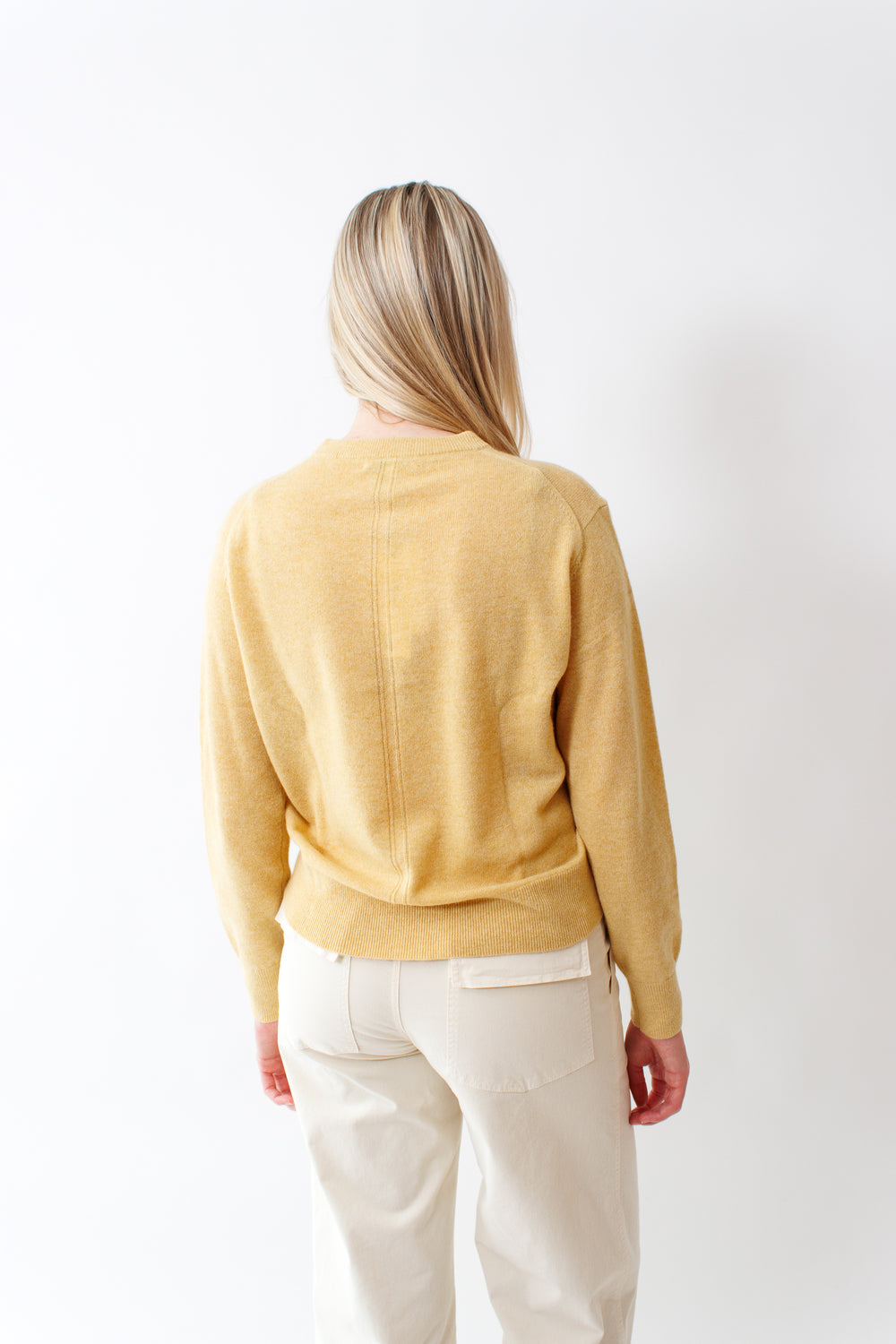 Bailey wearing White + Warren Cashmere Crew rear view 