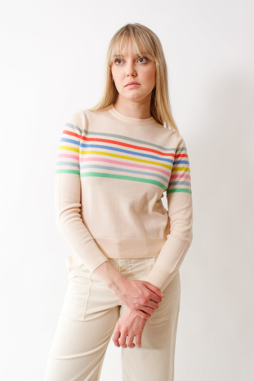 Bailey wearing Jumper 1234 Stripe Block Crew front view