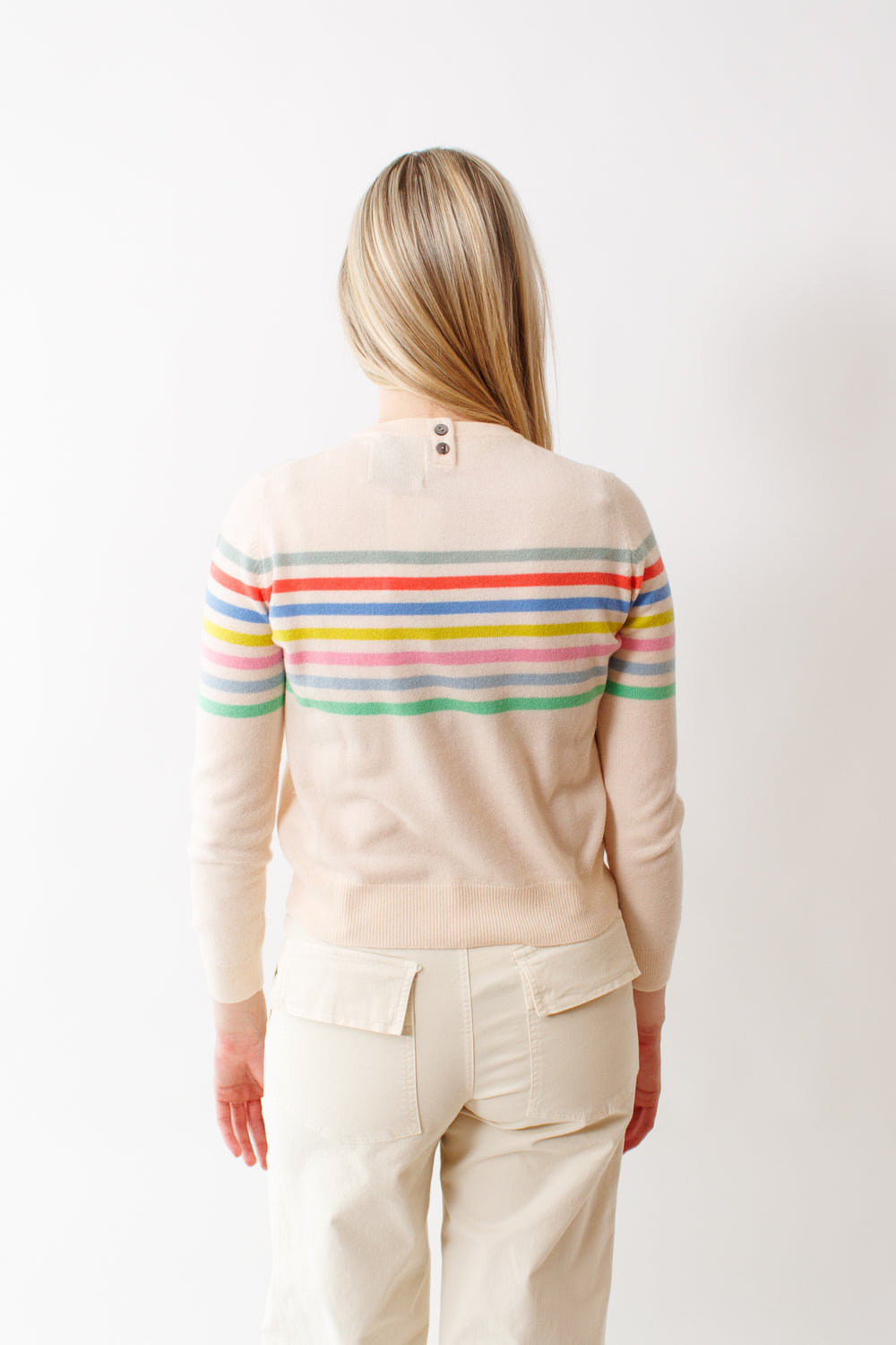 Bailey wearing Jumper 1234 Stripe Block Crew rear view