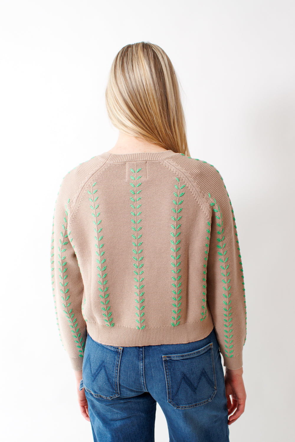 Bailey wearing Jumper 1234 Cotton Leaf Crew rear view