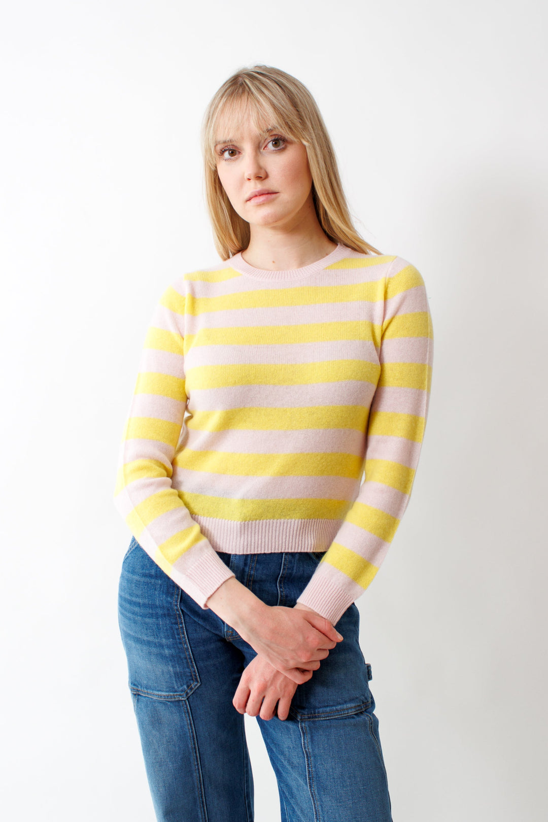 Bailey wearing Jumper 1234 Stripe Crew Marshmallow front view