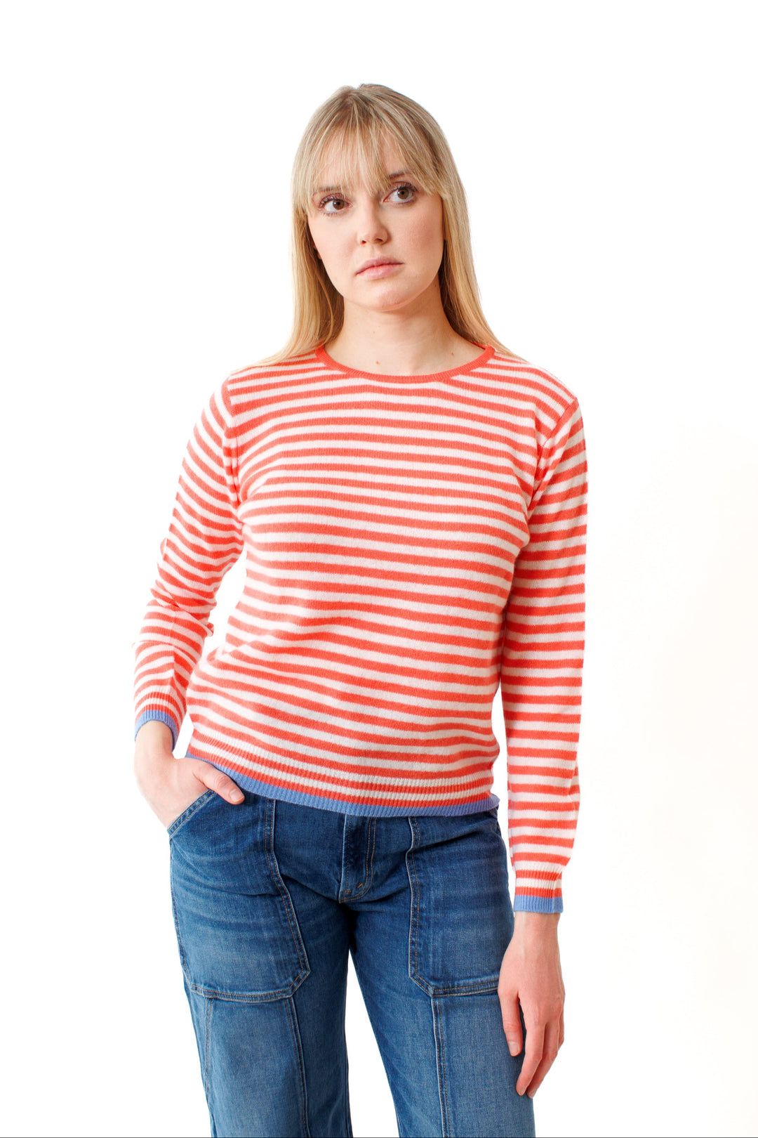 Bailey wearing Jumper 1234 Tipped Little Stripe Crew front view