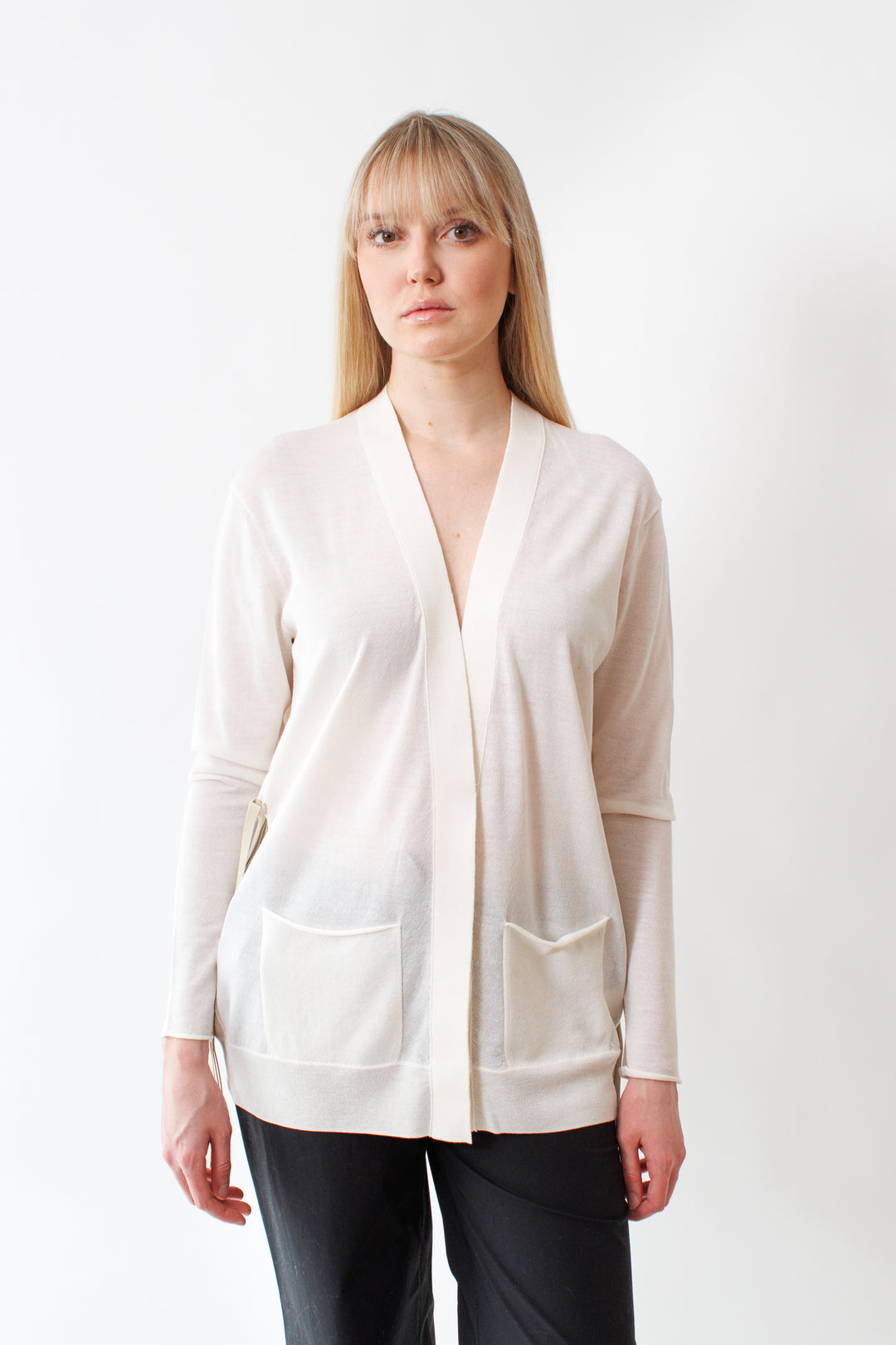 Bailey wearing Dorothee Schumacher Refined Essentials Cardigan front view