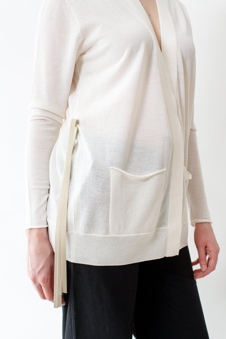 Bailey wearing Dorothee Schumacher Refined Essentials Cardigan side view