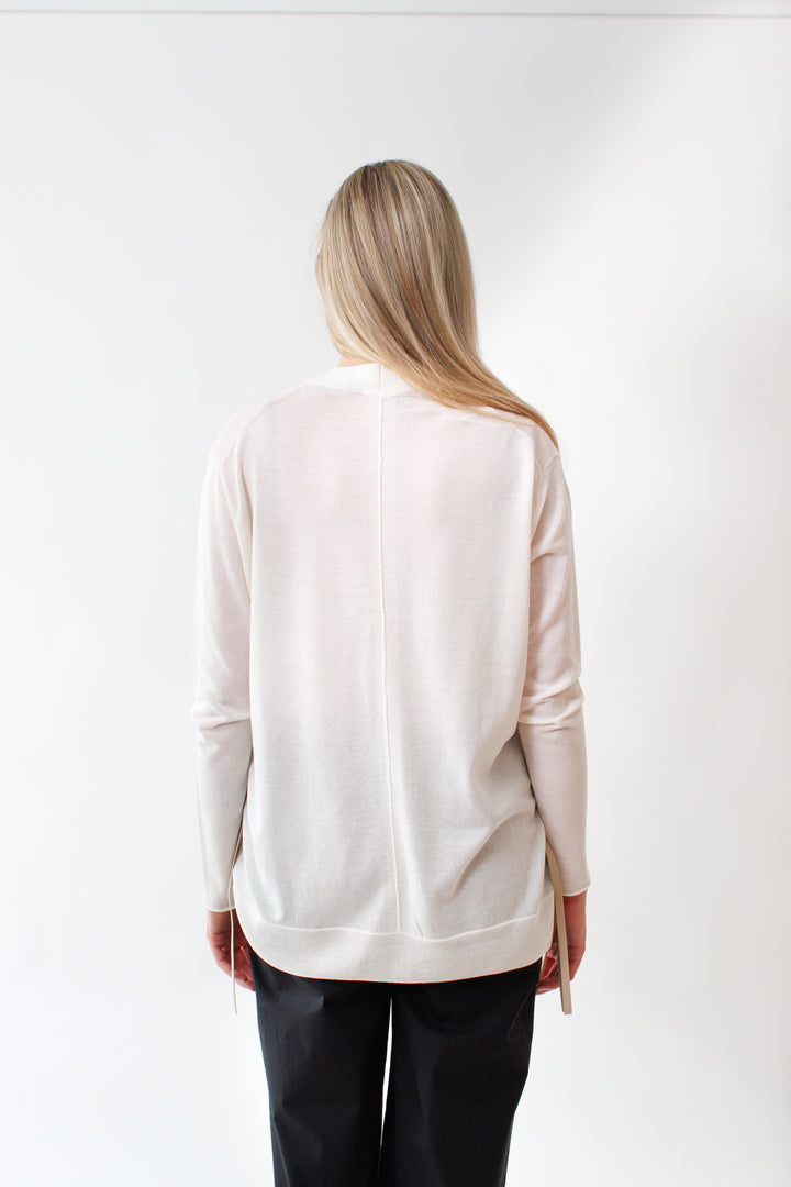 Bailey wearing Dorothee Schumacher Refined Essentials Cardigan rear view