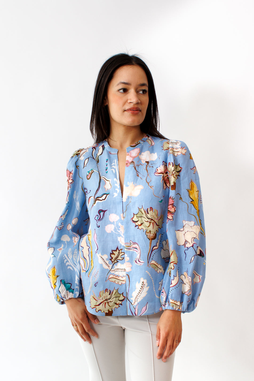 Amanda wearing Dorothee Schumacher Floral Power Blouse front view