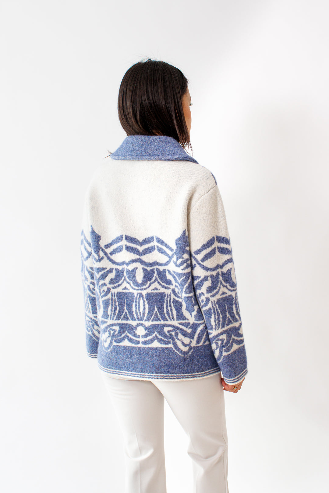 Amanda wearing Dorothee Schumacher Secret Garden Cardigan Jacket rear view