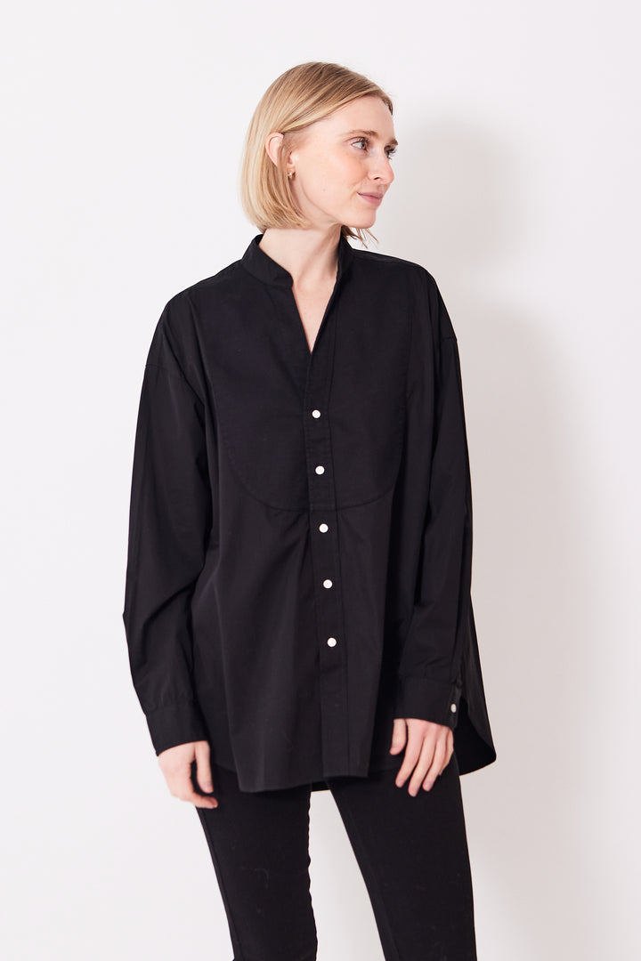 Madi wearing Frank & Eileen Victoria Collarless Button Down Shirt front view