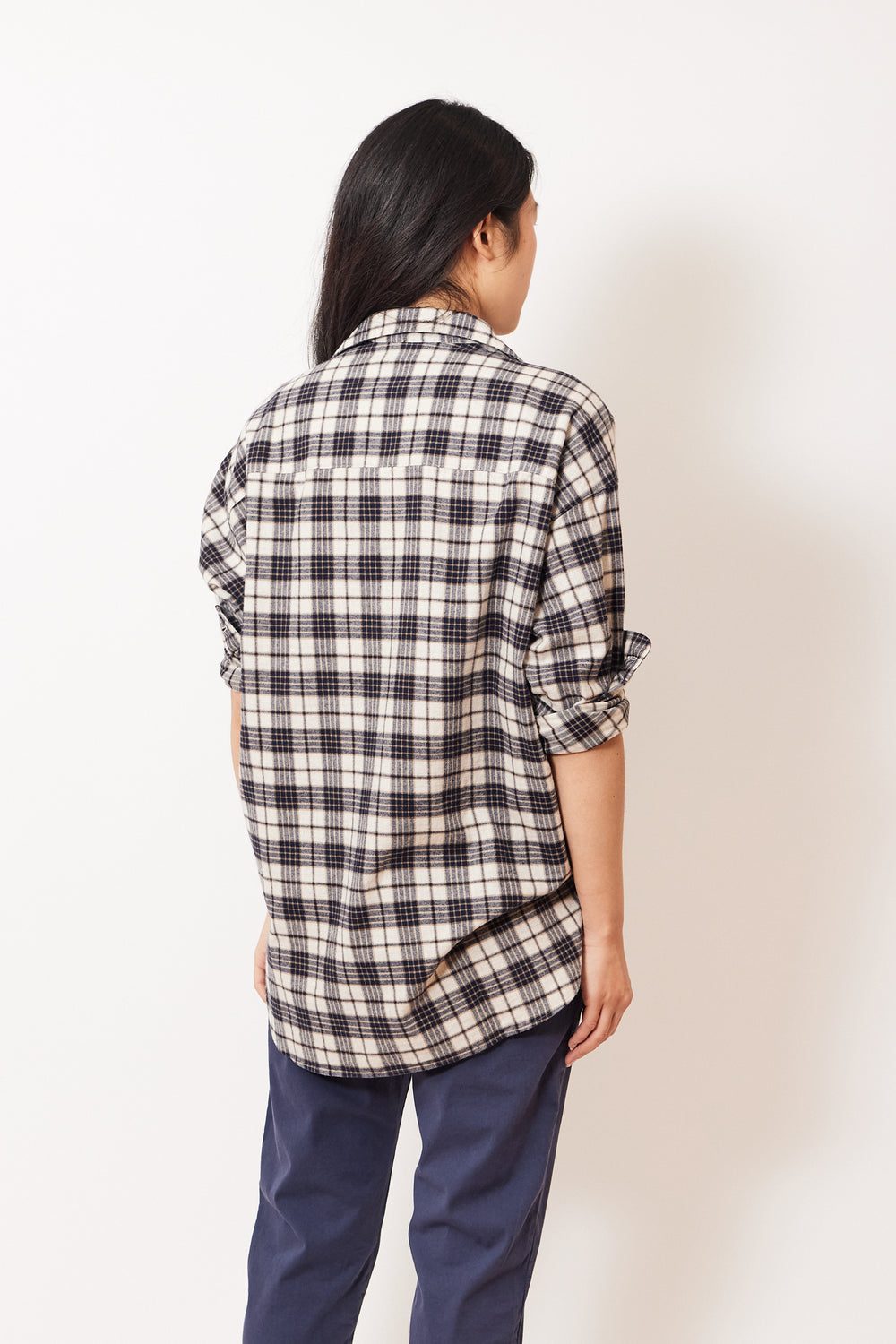 Madelyn wearing Frank & Eileen Shirley Oversized Button Up Shirt rear view