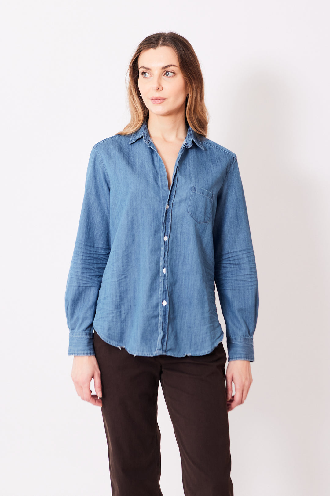 Mari wearing Frank & Eileen Eileen Relaxed Button Up Shirt front view