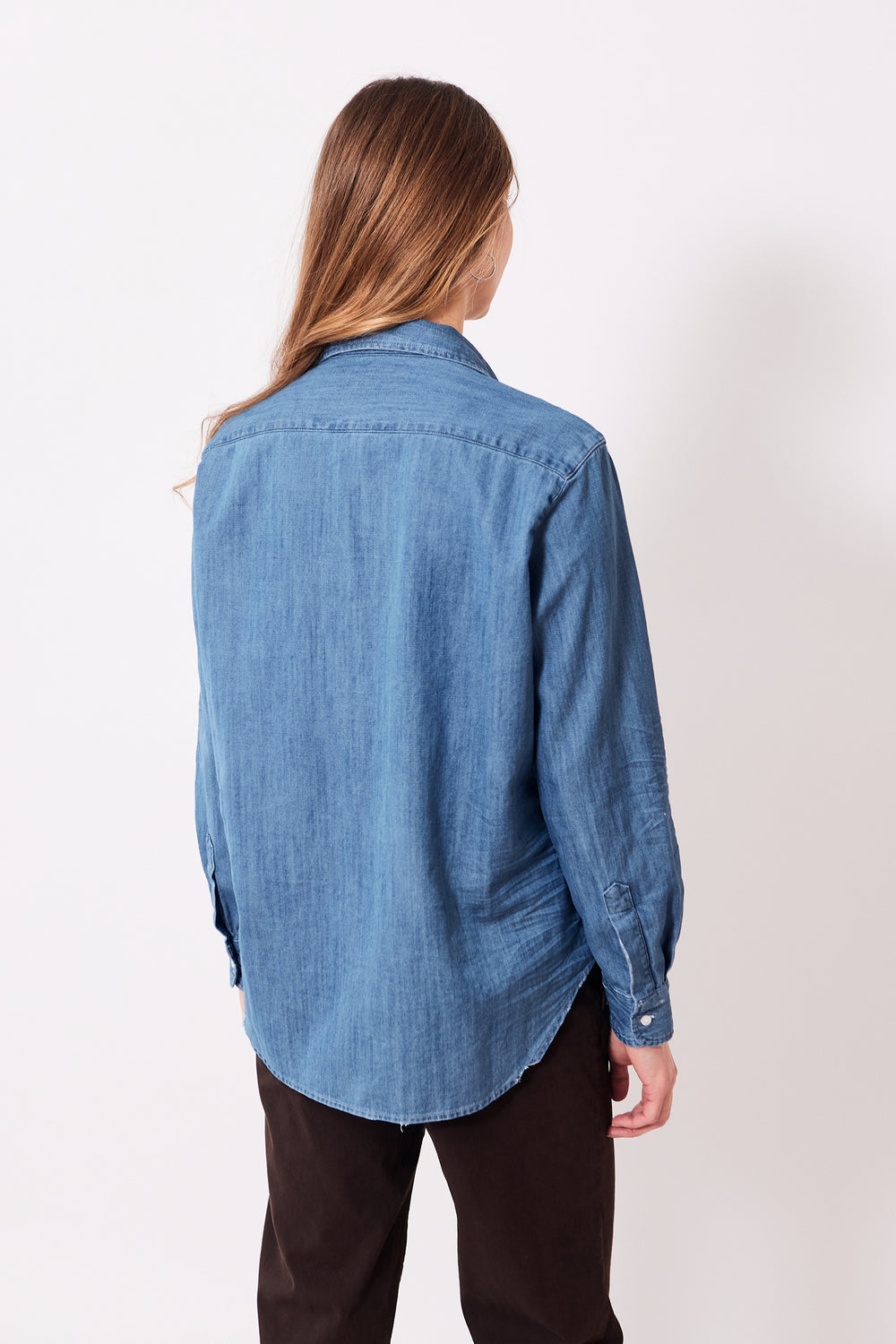 Mari wearing Frank & Eileen Eileen Relaxed Button Up Shirt rear view