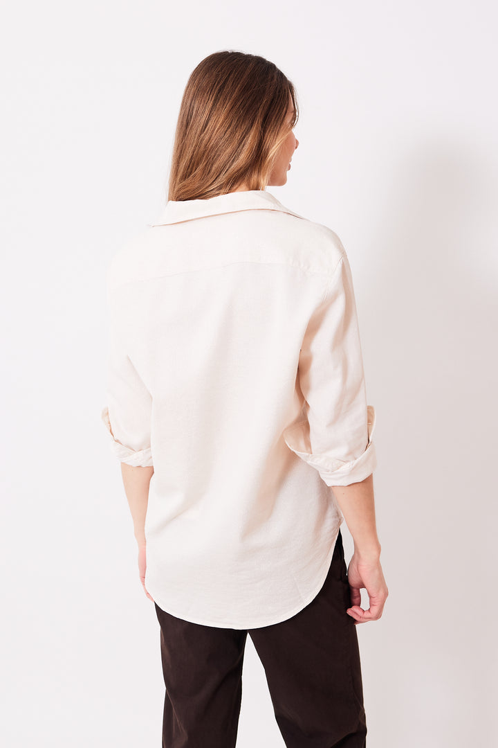 Mari wearing Frank & Eileen Eileen Relaxed Button Up Shirt rear view