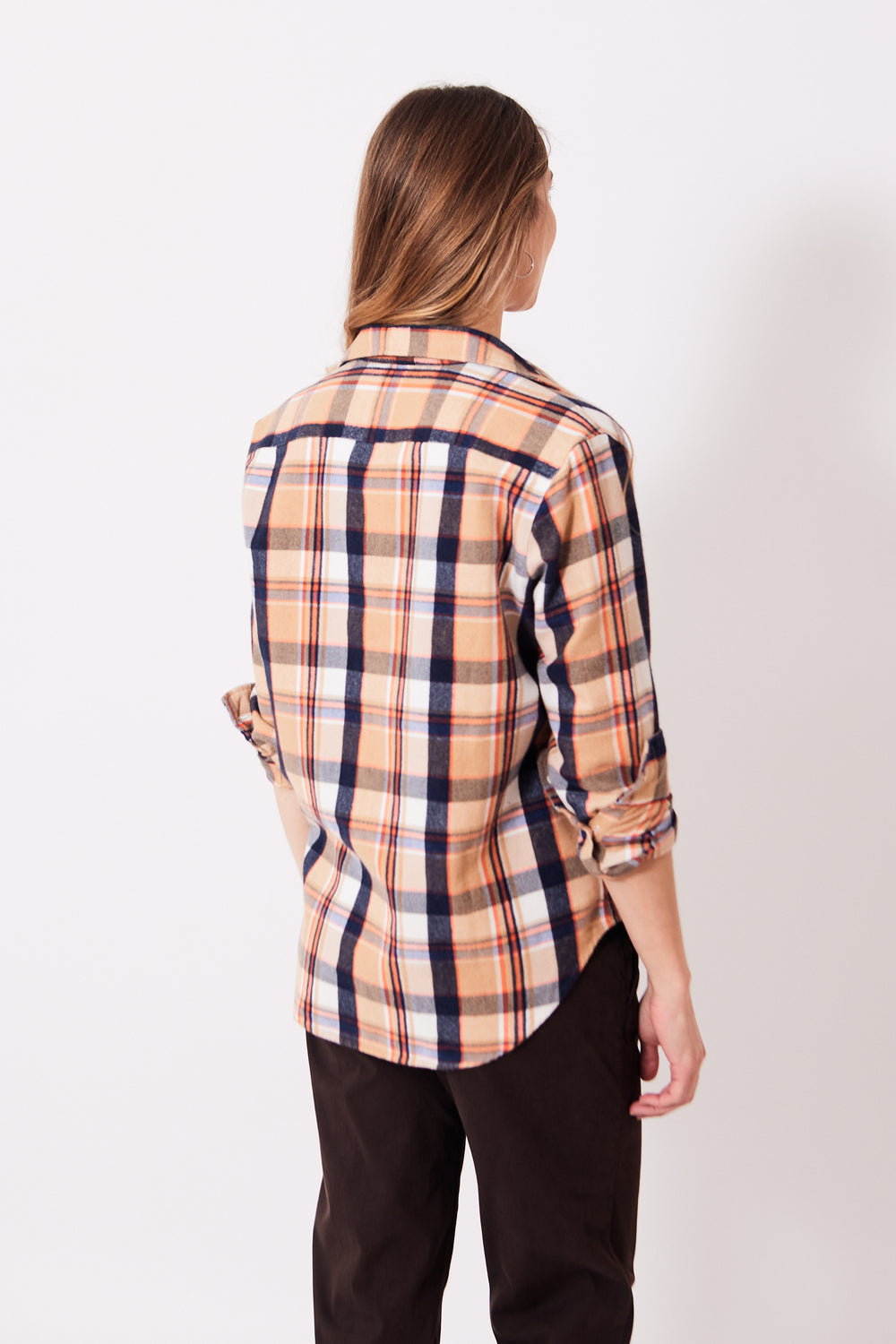 Mari wearing Frank & Eileen Eileen Relaxed Button Up Shirt rear view