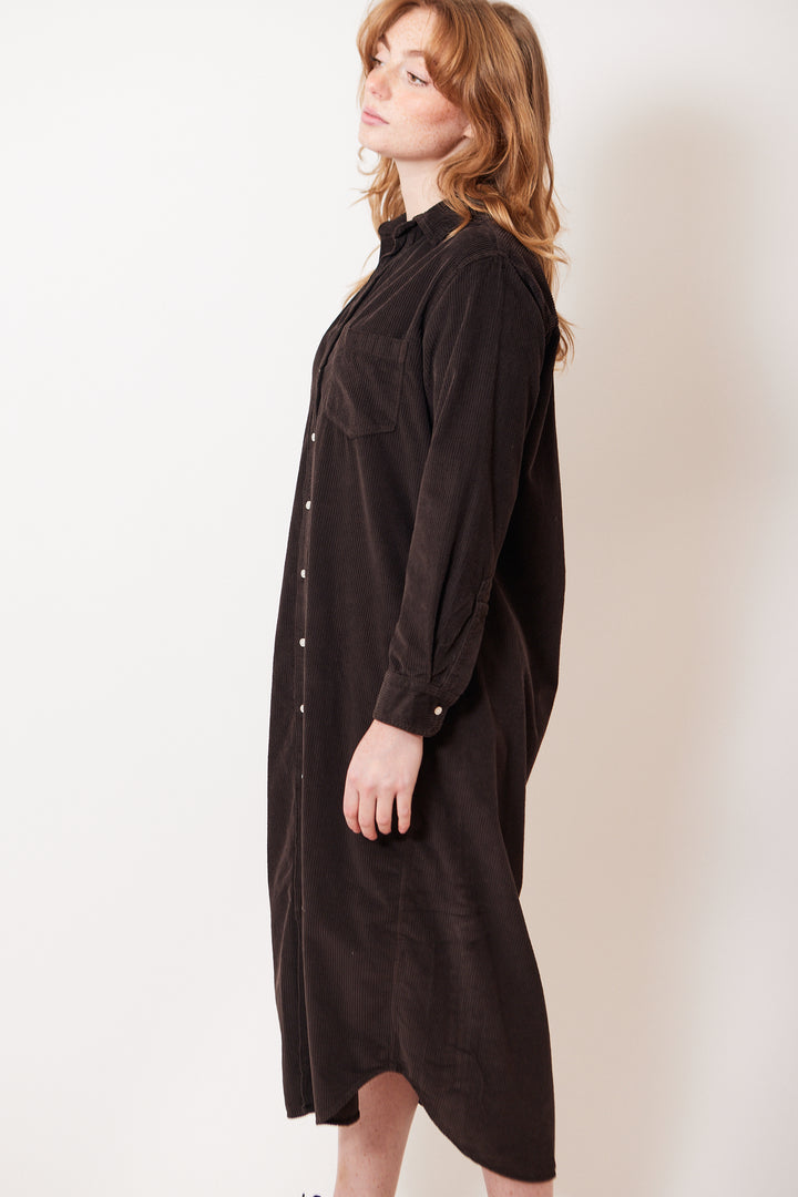 Waverly wearing Frank & Eileen Rory Maxi Shirtdress front/side  view