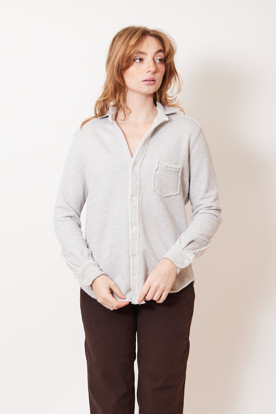 Waverly wearing Frank & Eileen Eileen Relaxed Button Up Sweatshirt front view