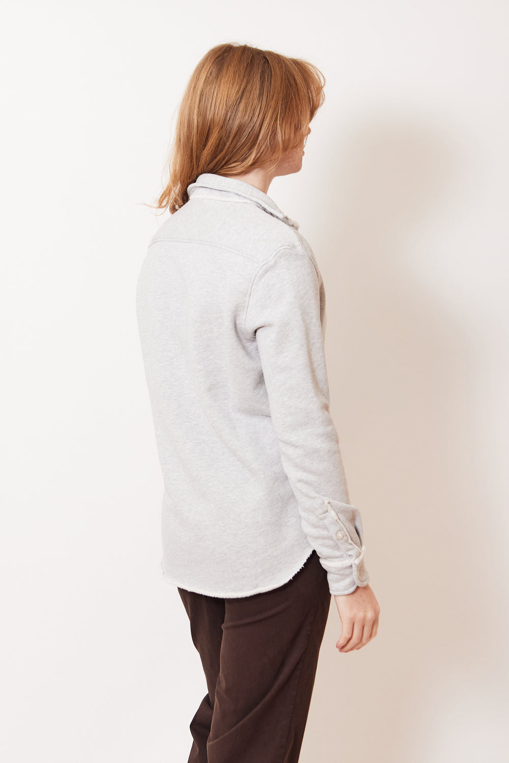 Waverly wearing Frank & Eileen Eileen Relaxed Button Up Sweatshirt rear view