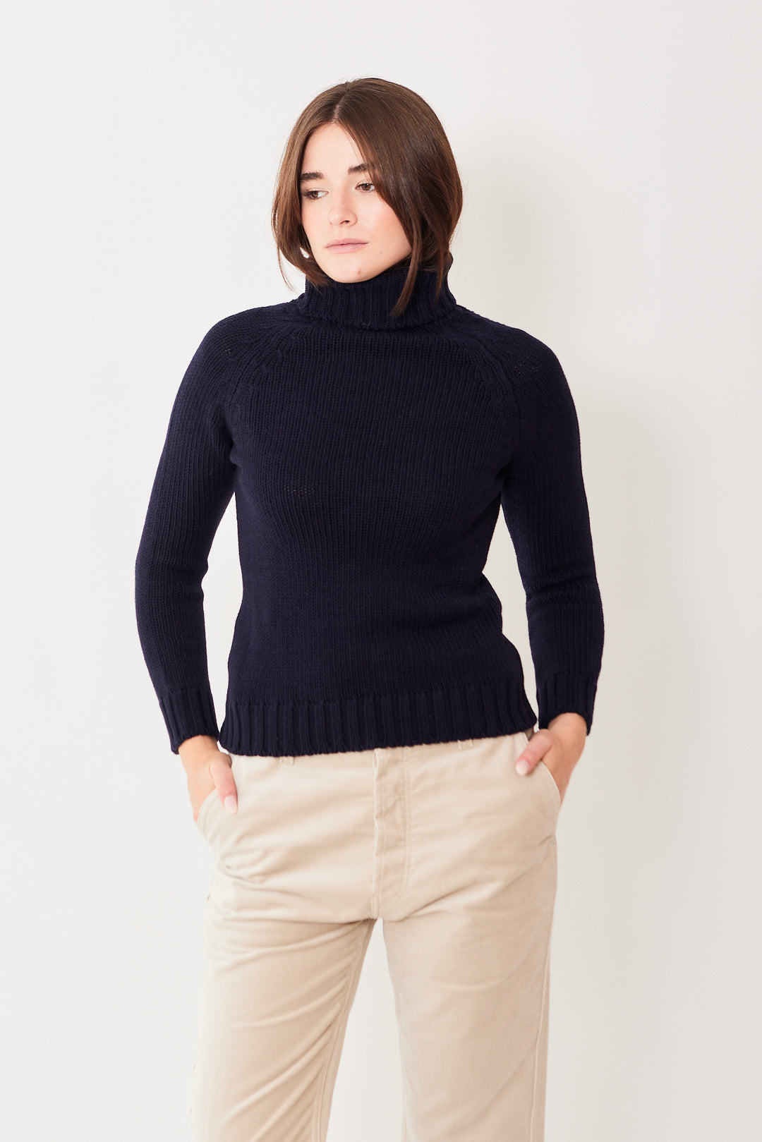 Julia wearing Base Extra Fine Merino Raglan Turtleneck Sweater front view