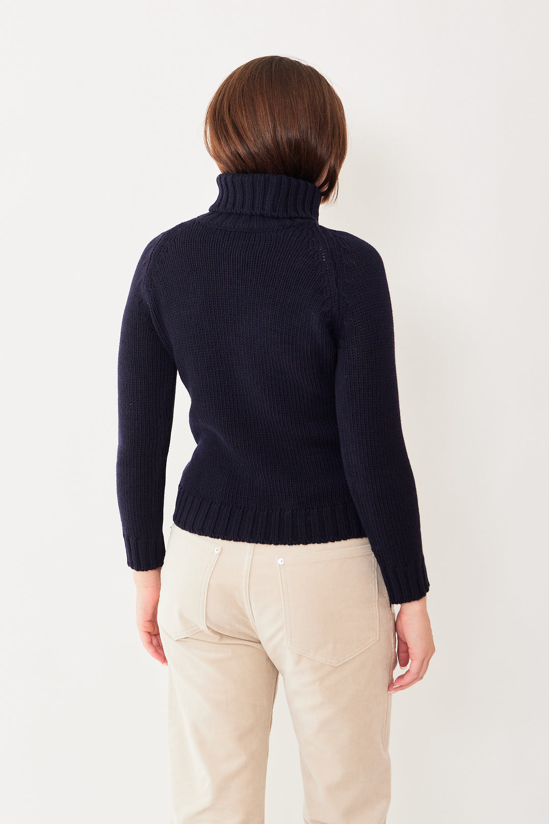 Julia wearing Base Extra Fine Merino Raglan Turtleneck Sweater rear view 