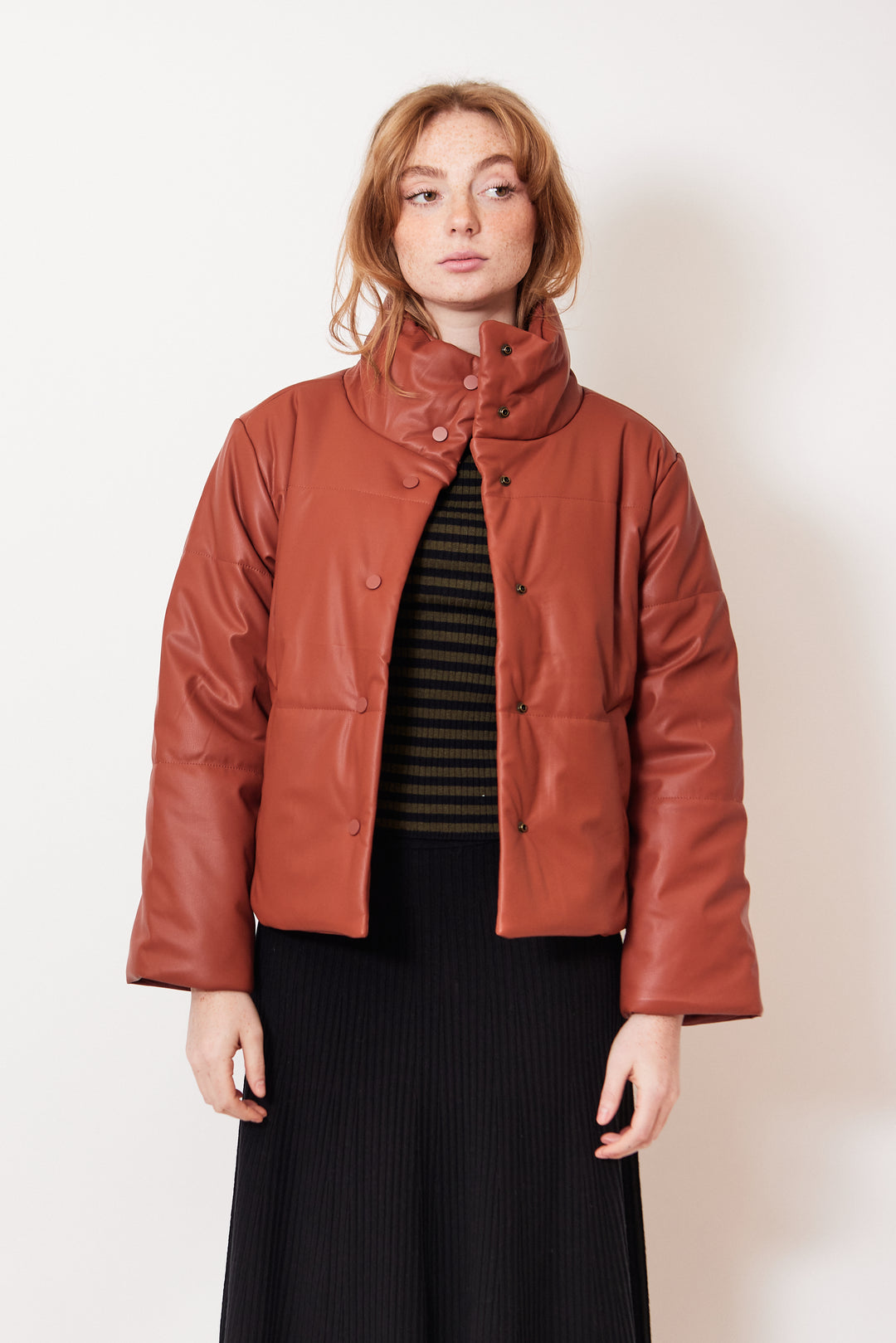 Waverly wearing Lilla P Faux Leather Channel Quilted Jacket front view