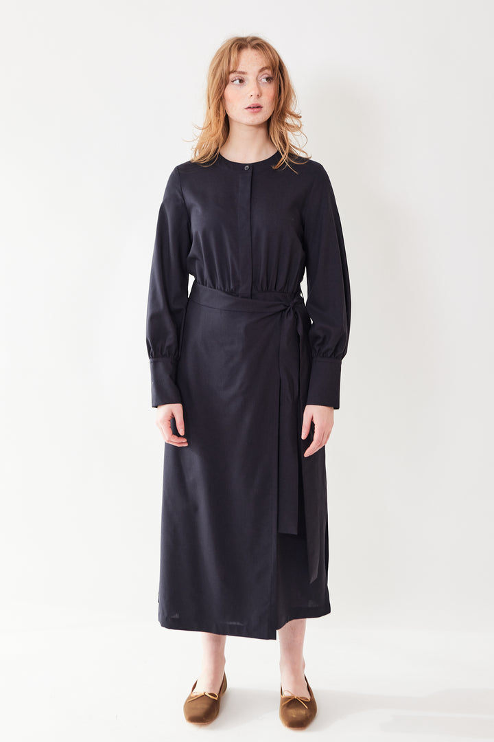 Waverly wearing Odeeh Virgin Wool Long Button Down Wrap Dress front view