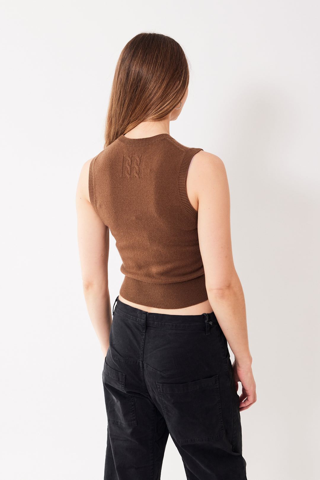 Mari wearing Nili Lotan May Sweater Tank rear view