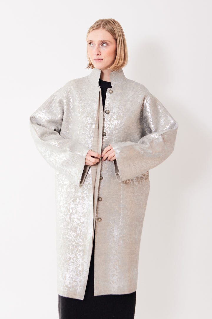 Madi wearing Lauren Manoogian Foil Car Coat front view