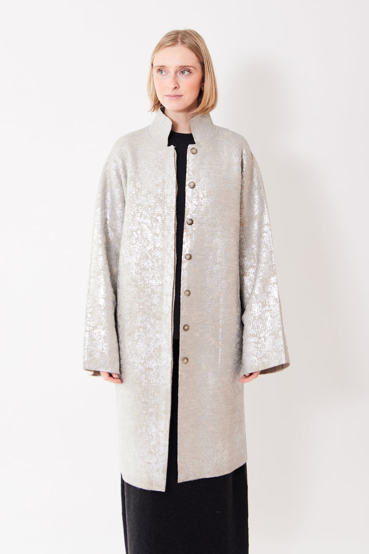 Madi wearing Lauren Manoogian Foil Car Coat front view