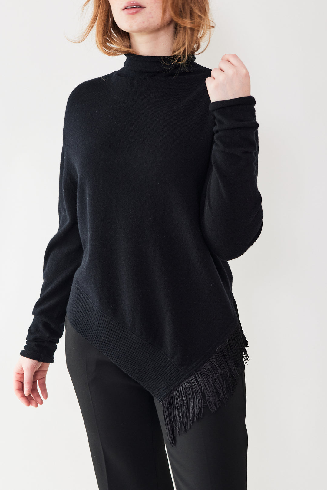 Waverly wearing Dorothee Schumacher Fringe Statement Pullover front view