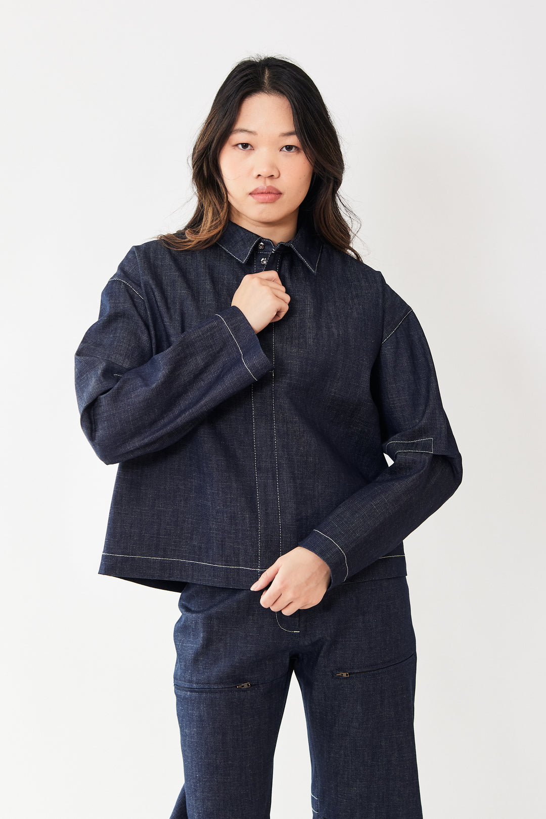 Madelyn wearing Zero + Maria Cornejo Eco Denim Biker Shirt front view