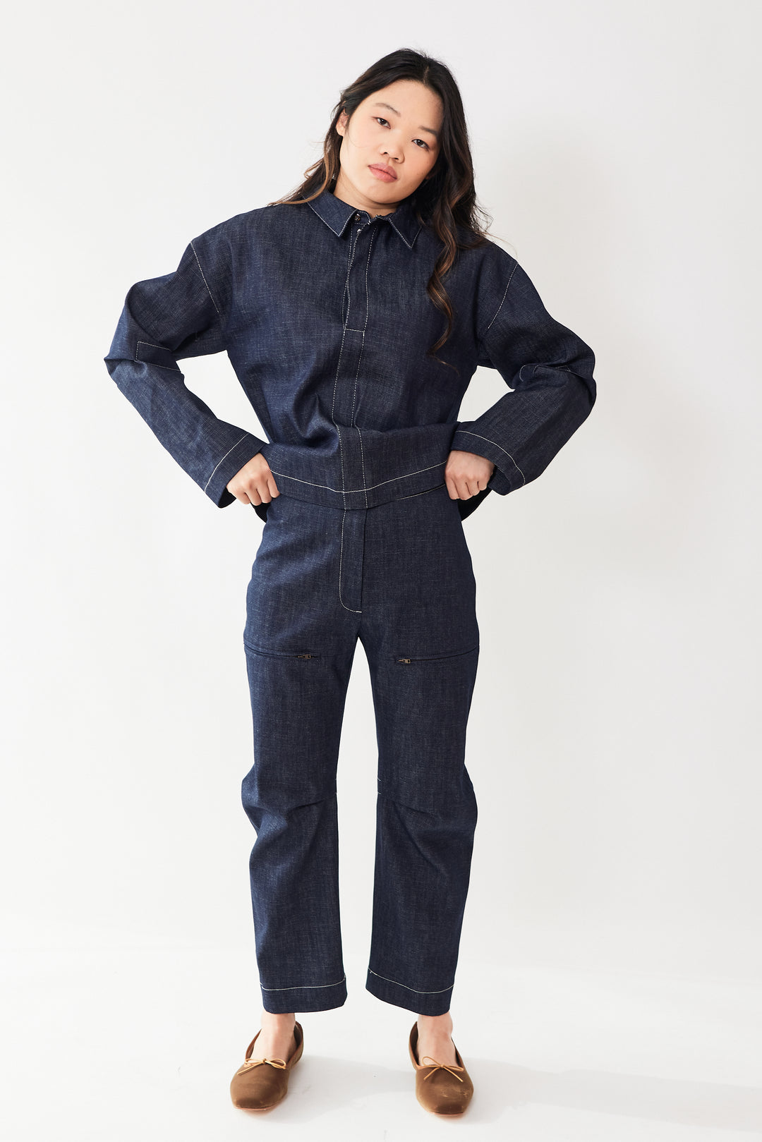 Madelyn wearing Zero + Maria Cornejo Eco Denim Biker Pant front view