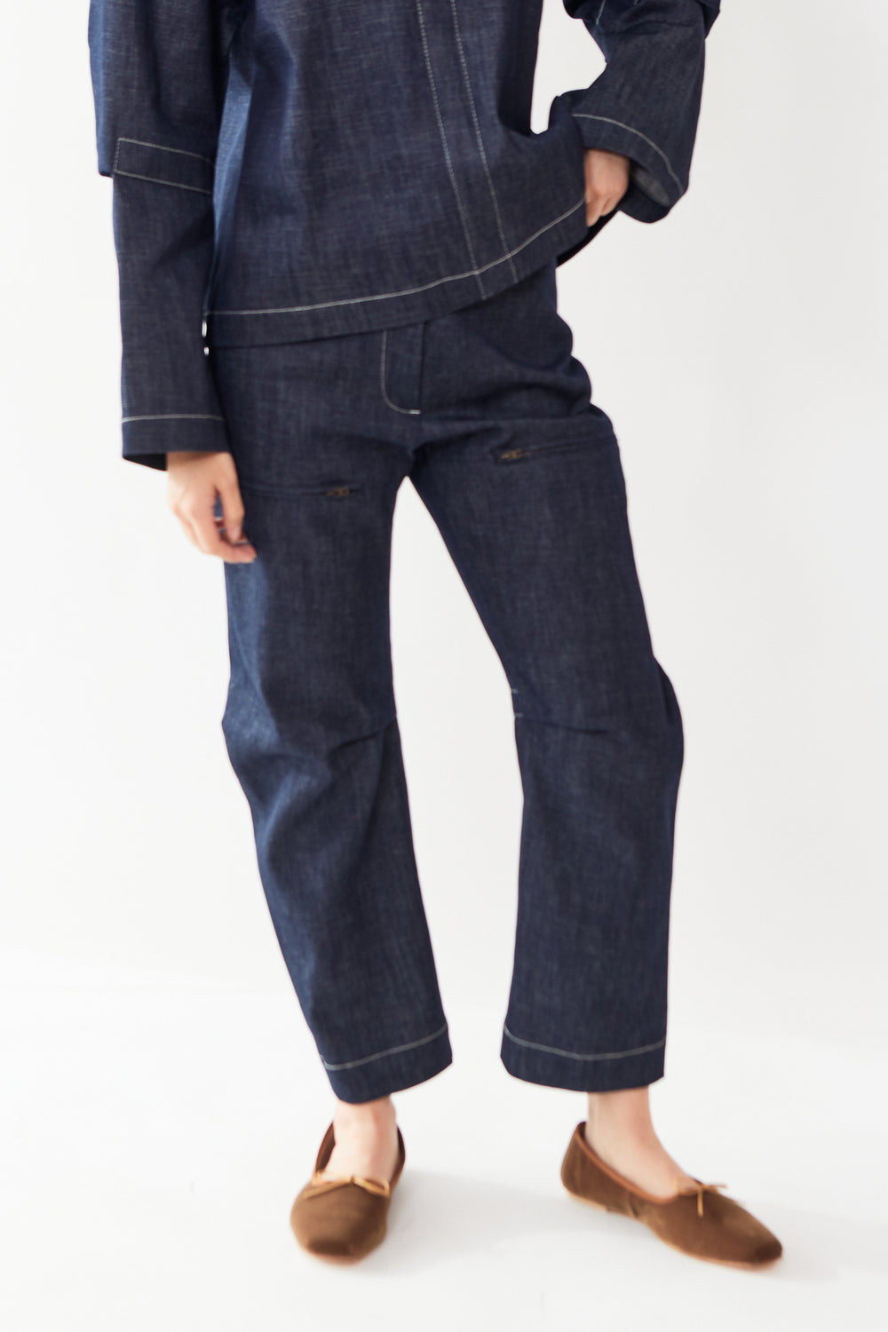 Madelyn wearing Zero + Maria Cornejo Eco Denim Biker Pant front view